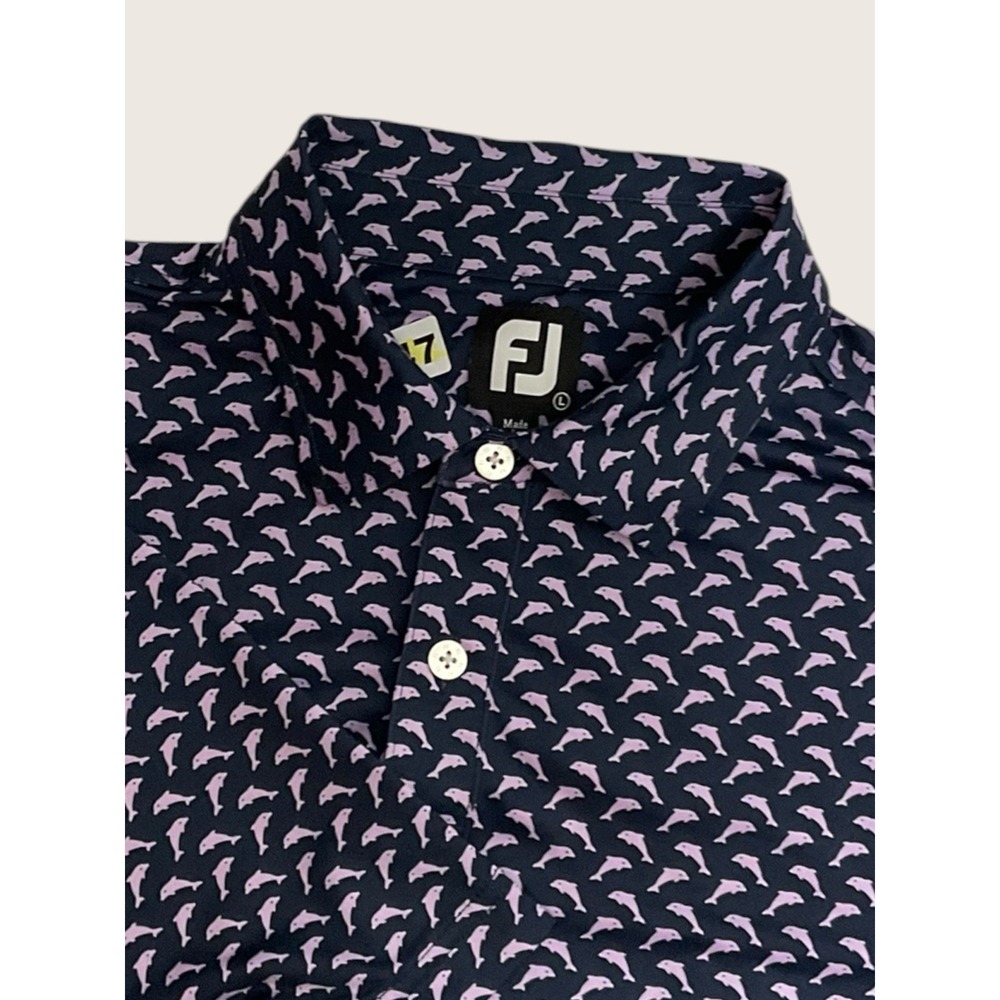 FootJoy Polo Shirt Mens Large Blue Purple Dolphins 1/4Button Short Sleeve Collar